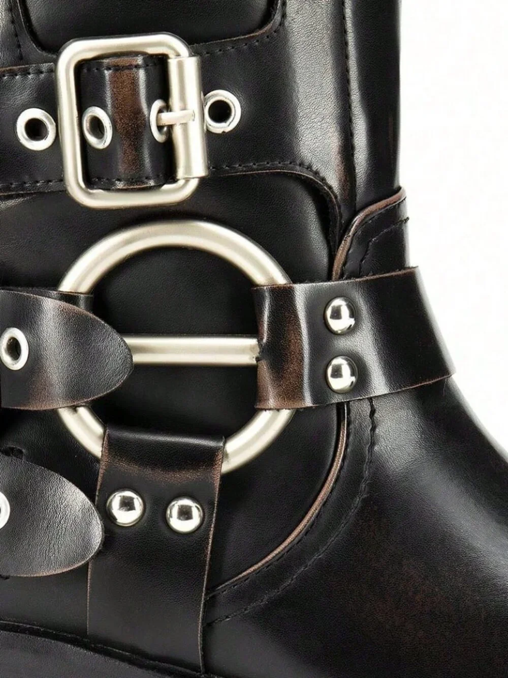 Sexy Women's Slip On Square Toe Chunky Heel Classic Metallic Buckles Motorcycle